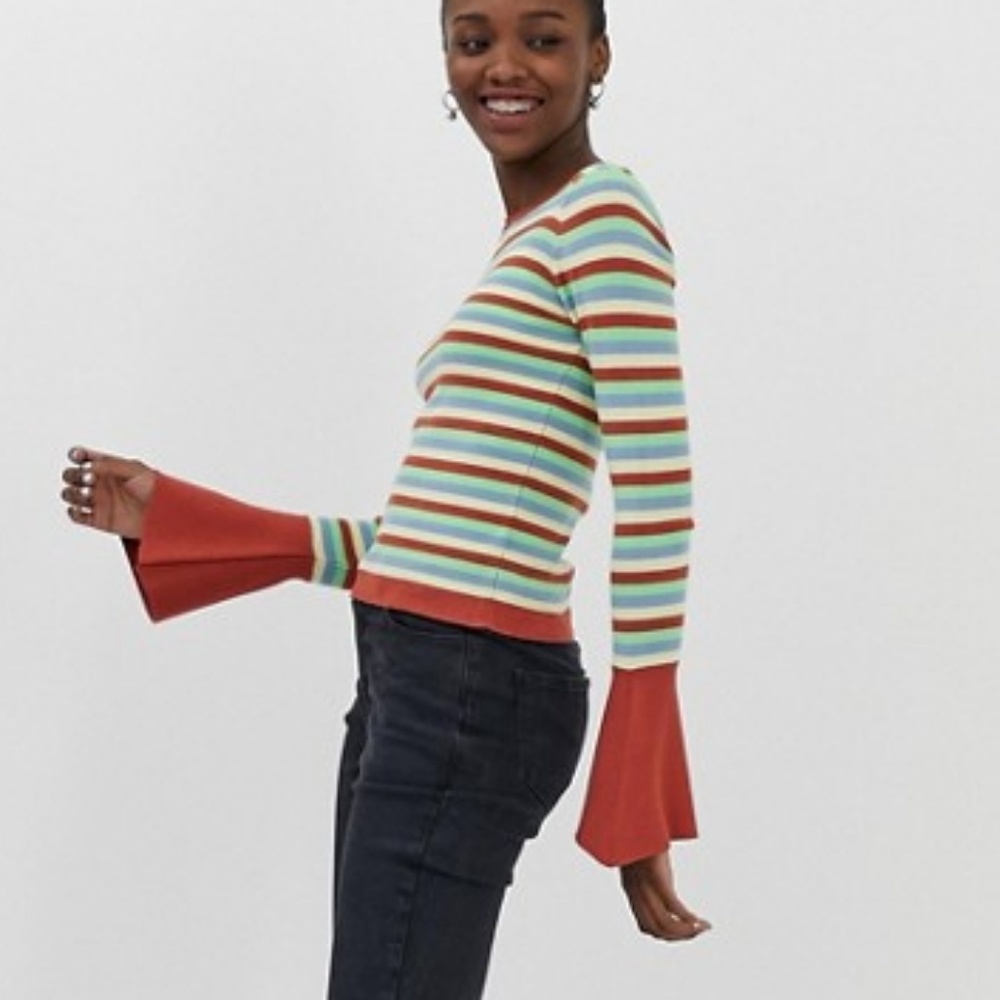 ASOS Stripe Crew Neck Sweater with Flared Sleeve